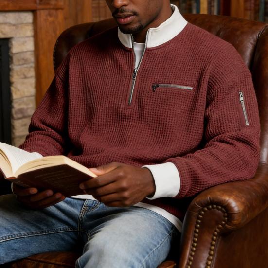 Men Waffle Sweatshirt Quarter Zip Stand Collar Casual Pullover Color Block Long Sleeve Top for Office Street Gym Wear