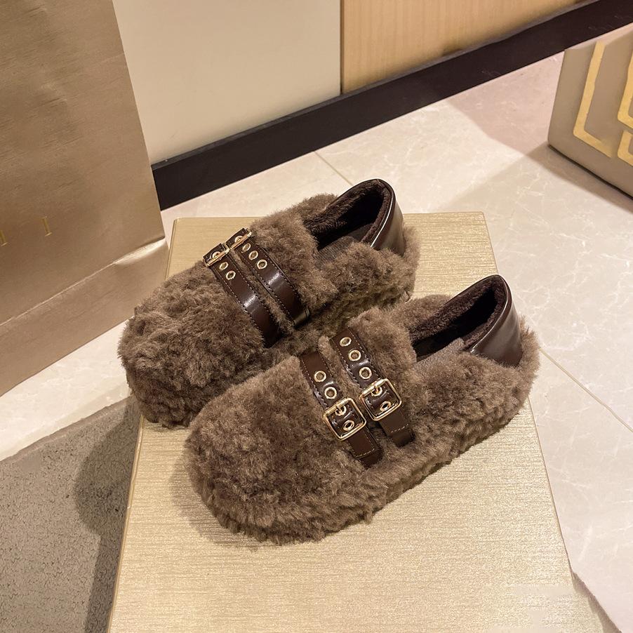 5 cm tjocksulade lammullsskor för kvinnor att bära på hösten och vintern nya lata sammetläderklack bekväma varma bomullsskor