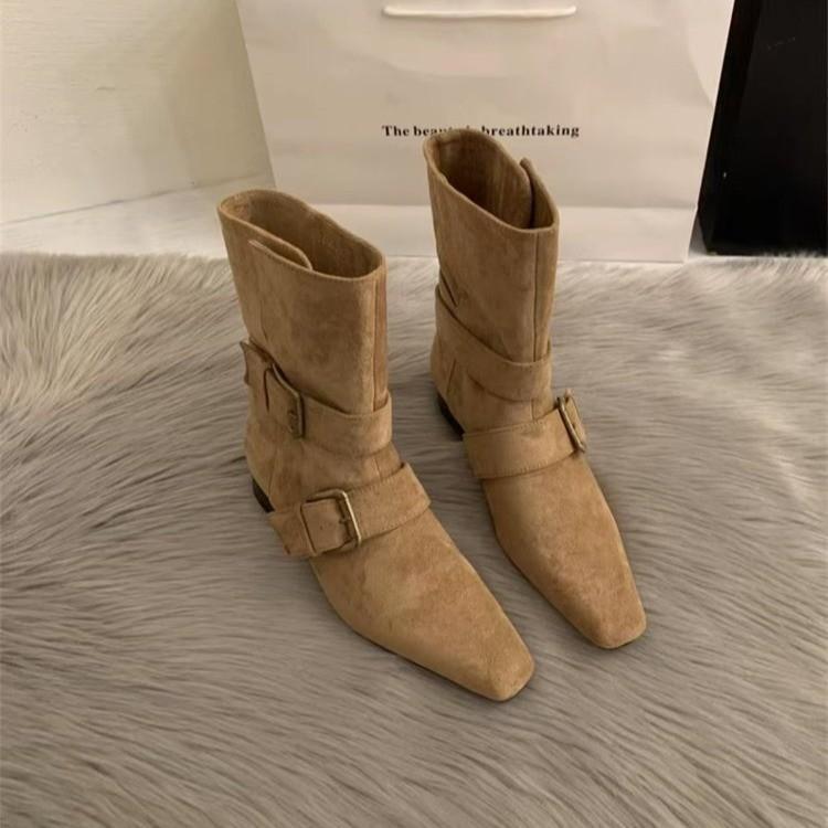 2025 Korean version of the new niche design versatile French short boots small square head thick heel Maillard medium boots women's boots