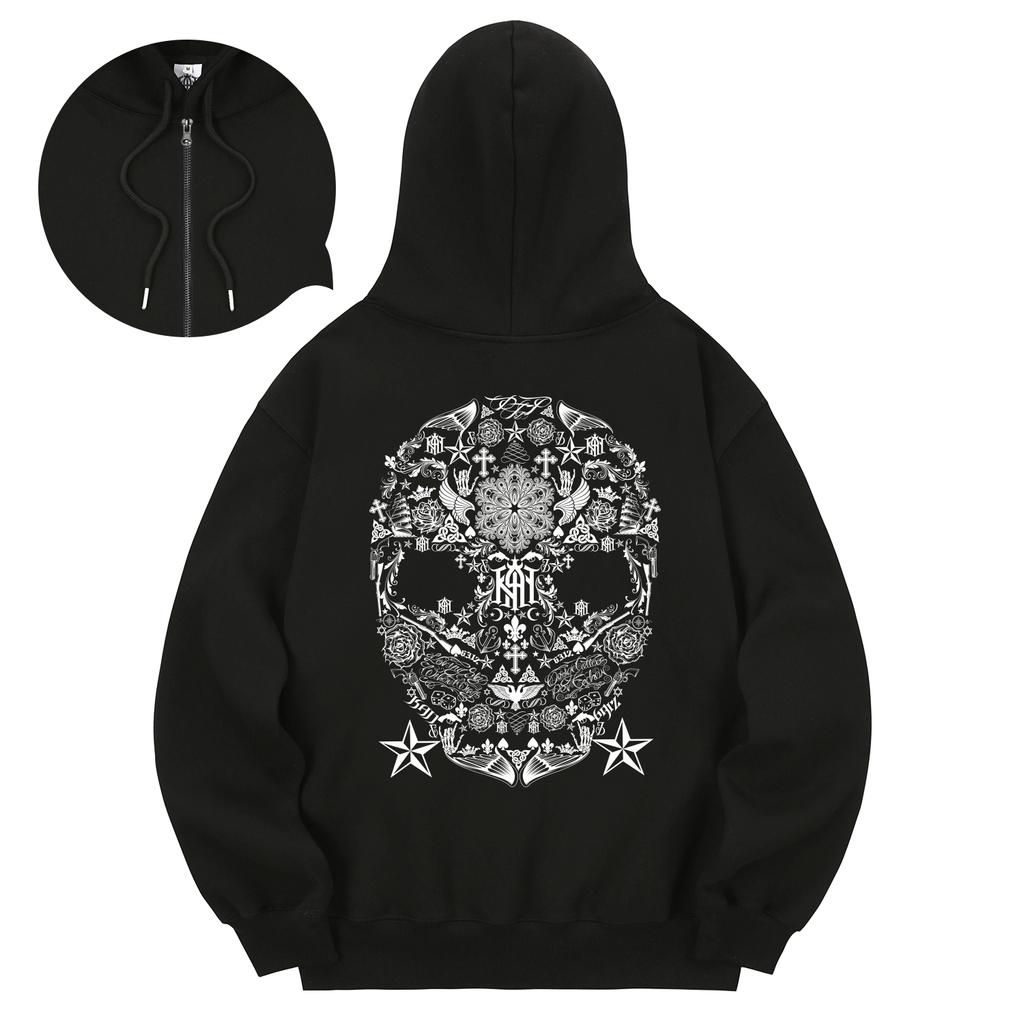 Kan6312 Khzb0094 Skull Art Fleece-Lined Zip-Up Hoodie Black