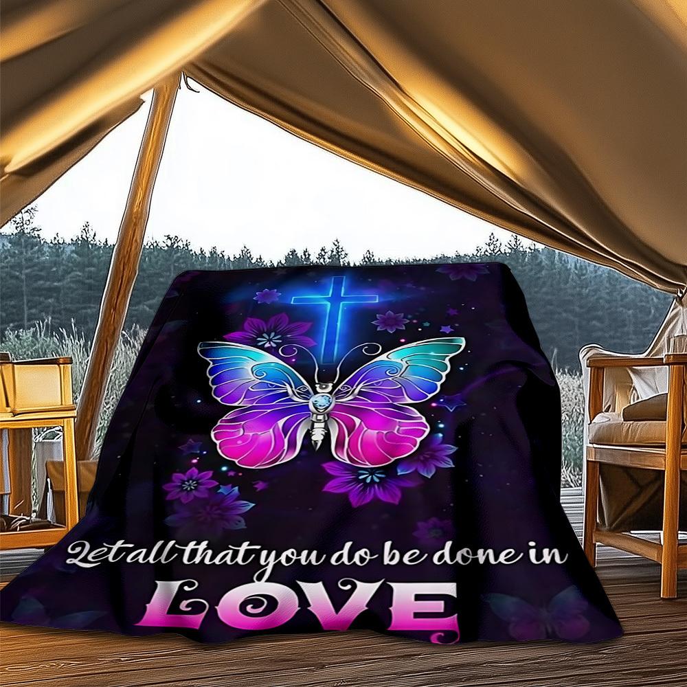1pc Butterfly Cross Love Throw Blanket Polyester Fiber, Lightweight Flannel, Soft & Warm, All Season Use for Outdoor, Camping Digital Print