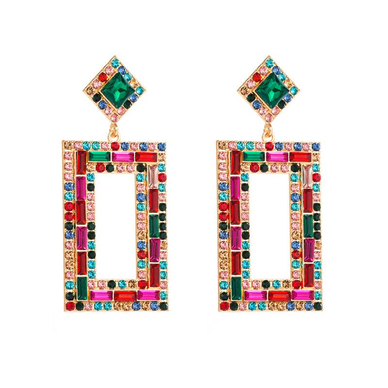Womens Drop Exaggerated Mesh Earrings Red Rectangular Alloy Inlaid Color Crystal Advanced Geometric Earrings