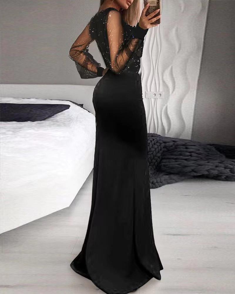 2024 Black Mid-Waist Literary Sequin Mesh Long Skirt Dress