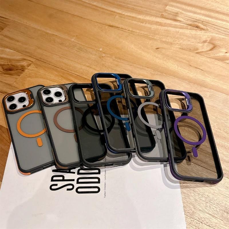 Fashion Double Color Magnetic Stand Translucency Case For iPhone 16 15 14 13 12 11 Pro Max Plus Magsafe Splice Color Matte Cover