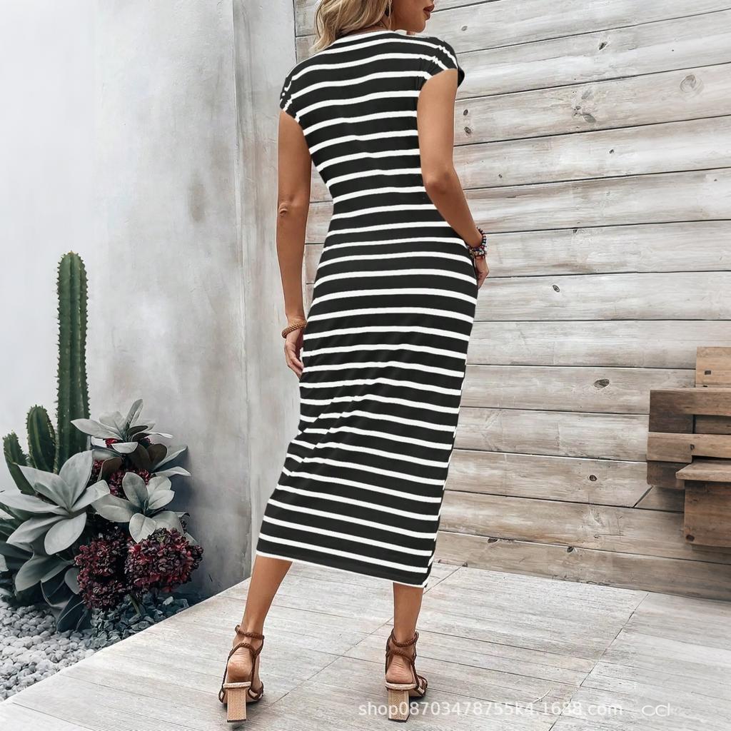 Damen gestreiftes Taillenband Kurzarm Rundhals Langes Kleid Lässiges Sommer Maxikleid mit verstellbarem Bund