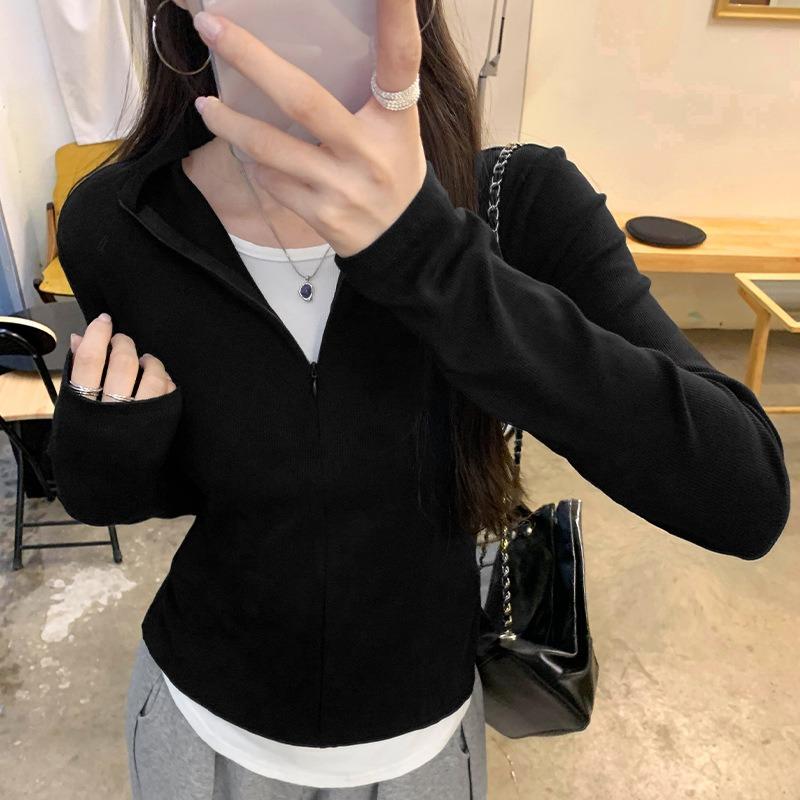 Spring Burgundy Slim-fitting and Thin Top Women's Fake Two-piece Zipper Long-sleeved T-shirt Retro Versatile Bottoming Shirt
