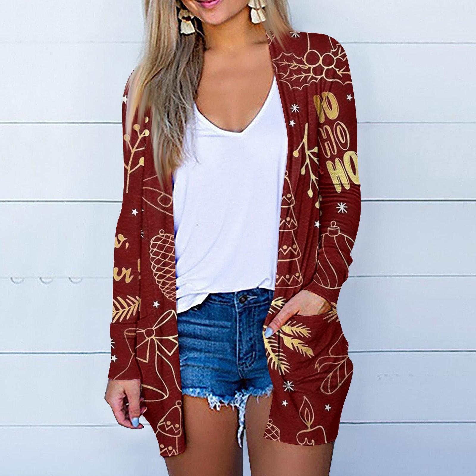 

Женская мода, повседневный рождественский принт, кардиган средней длины, карманное пальто L винный