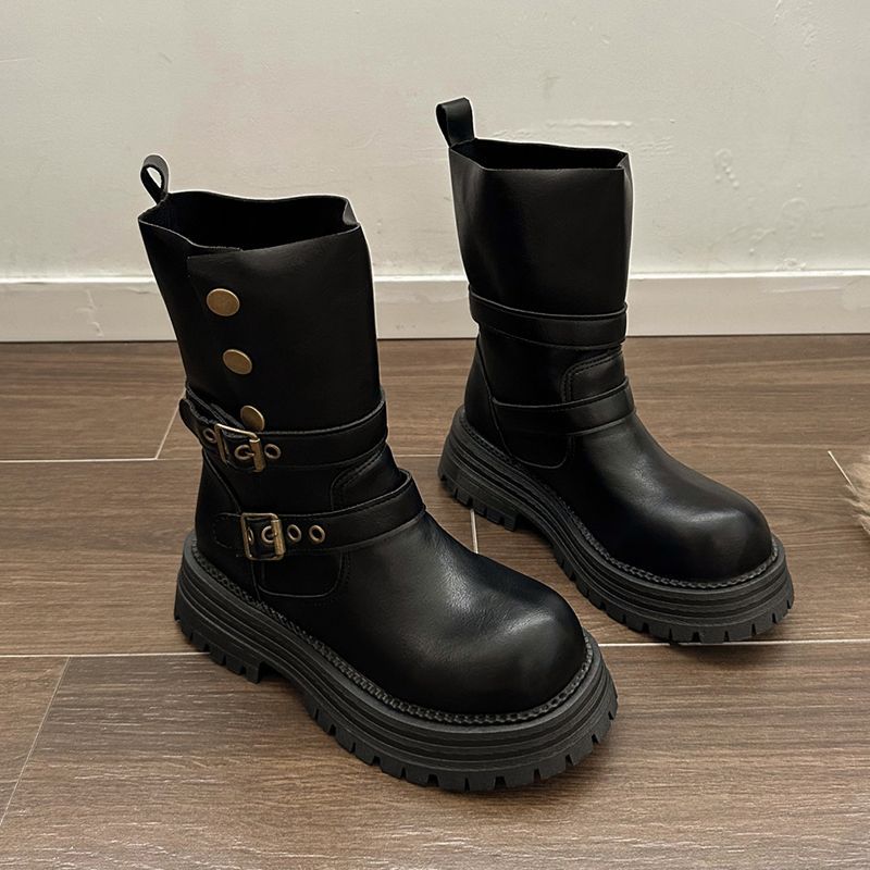 Japanese Maillard Knight Boots Women's Two Wear Belt Buckle Short Boots Women's British Style Medium Boots Thick-soled Retro Locomotive Boots
