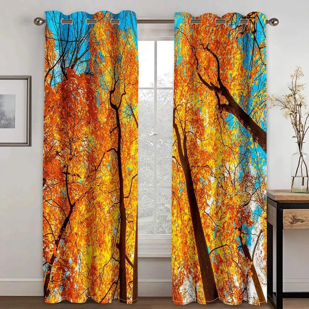 2PC Printed Perforated Drapes Bedroom Space Balcony Living Room Space Autumn Landscape Trees Fresh Green Forest Print Window Curtains