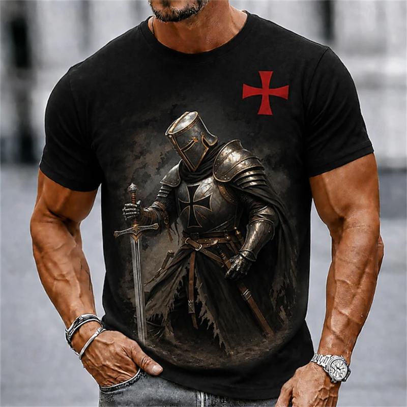 2026 Sommer Retro Herren Templer Kreuzritter T-Shirt Kurzarm T-Shirt 3D-Druck Rundhals Religiöser Stil Festliches Outfit