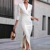 Vestido Midi Feminino Bodycon Bainha Lapela Decote V Manga 3/4 Vestido de Negócios para Escritório Formal Coquetel Trabalho Fenda Vestido Lápis