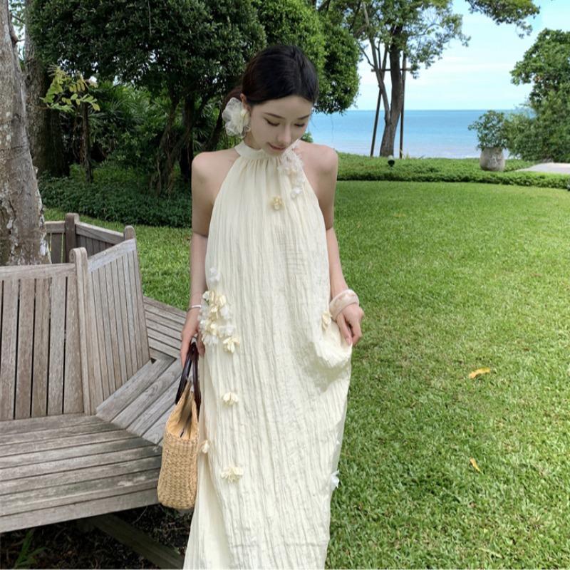 Summer New Elegant Flower Neck Pleated A-Line Loose Dress
