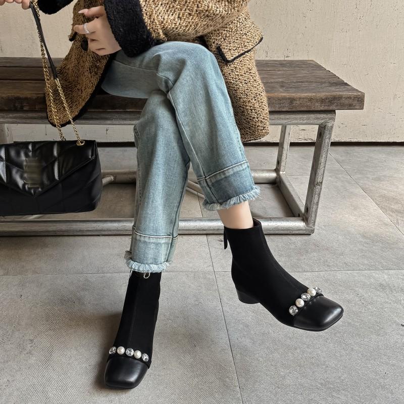 3CM Low Heel Ankle Boots Women Fall Winter Fleece Lined Slim Fit Rhinestone Accent Soft Sole Petite Size Fashion