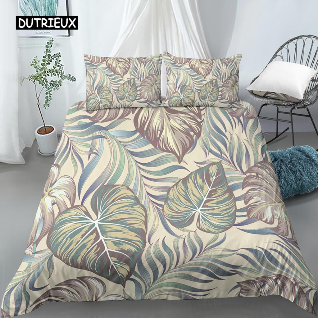 Blätter und Blumen Bettbezug-Set King Size Palmblätter Rosa Blumendruck Steppdeckenbezug für Mädchen Jungen Polyester 2/3-teiliges Bettwäscheset