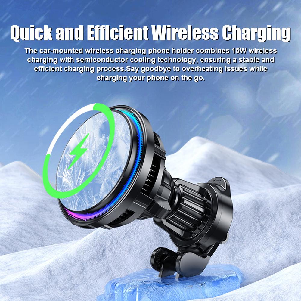 15W Wireless Phone Mount Chargers Ice Cooling Charging Stand Magnetic Phone Holder with Colorful Light Universal for Dashboard Air Vent