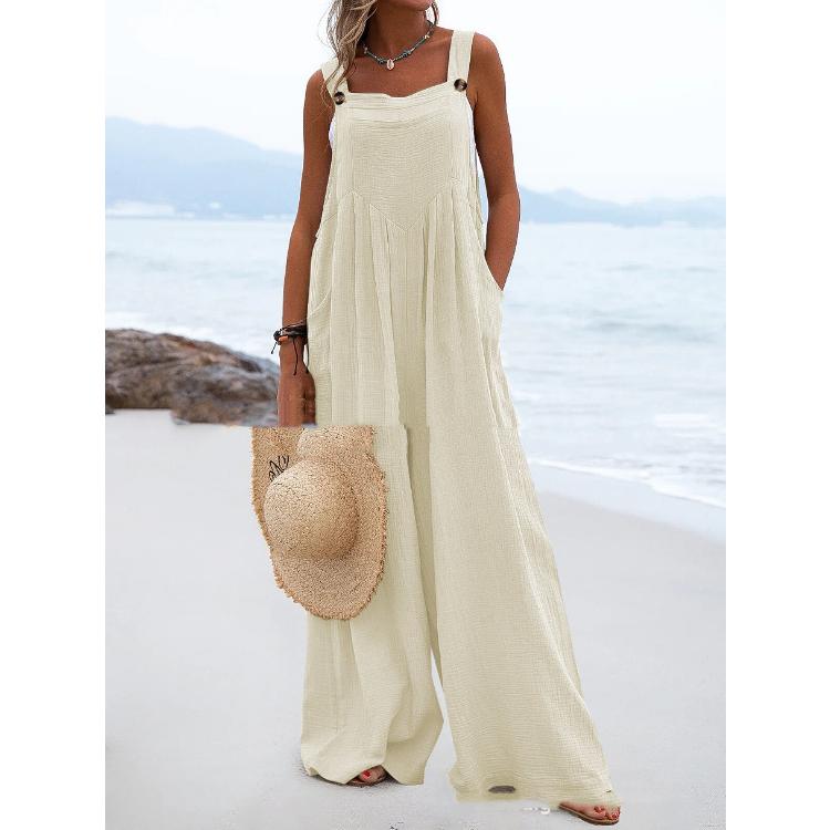 Sommer-Damen-Overall, ärmellos, weites Bein, Knopf, modischer Overall im Ethno-Stil
