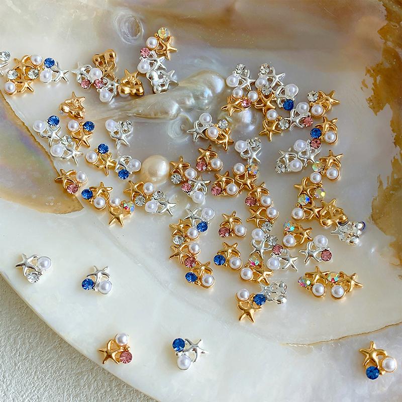 2Pcs 3D Exquisite Alloy Nail Art Charms Kawaii Starfish Pearl Design Nail Rhinestone Decorations Diy Accessories