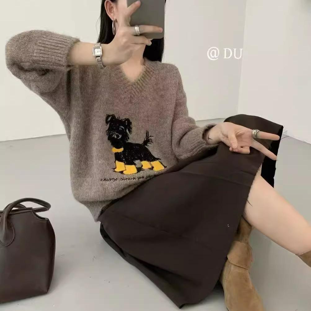 

2025 Women s Lazy Style Korean Autumn Gray Knit Sweater with Embroidered Cartoon Puppy XL хаки