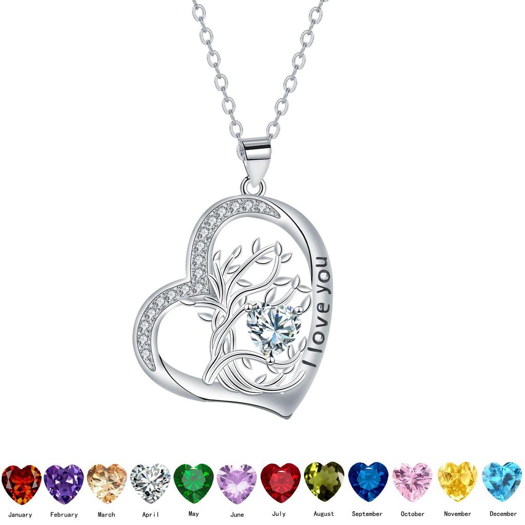 Heart-shaped Life Tree Necklace - Engraved Birthstone Pendant on Luxury Clavicle Chain for Women.