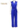 Summer Women Jumpsuit Sleeveless V Neck Slim Fit Button Decor Lace-up Strap Pure Color Wide Leg Formal Business Style Commuting Jumpsuit