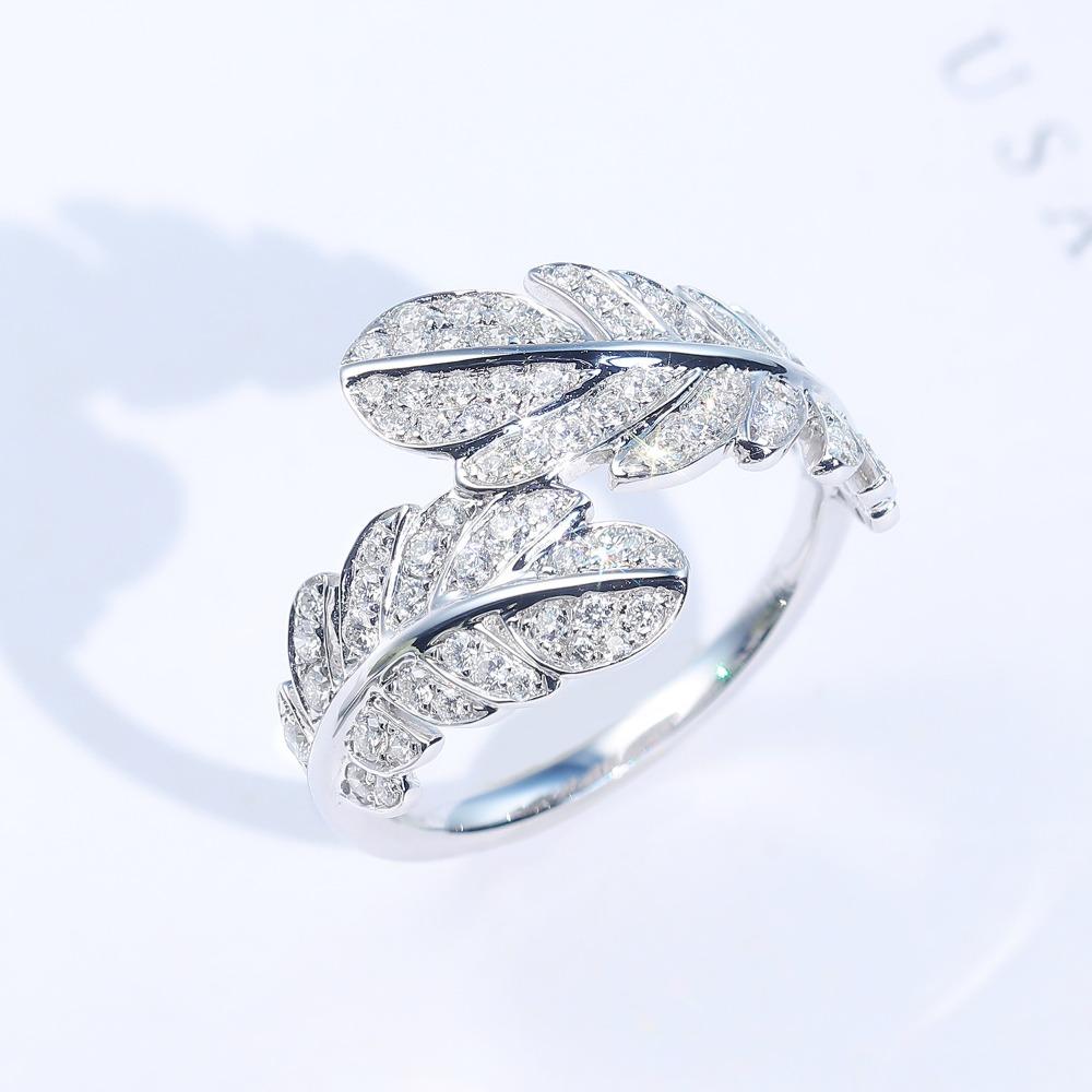 

Open Ring Elegant Feather Design Plated Platinum with Micro Inlaid High Carbon Diamond Jewelry adjustable