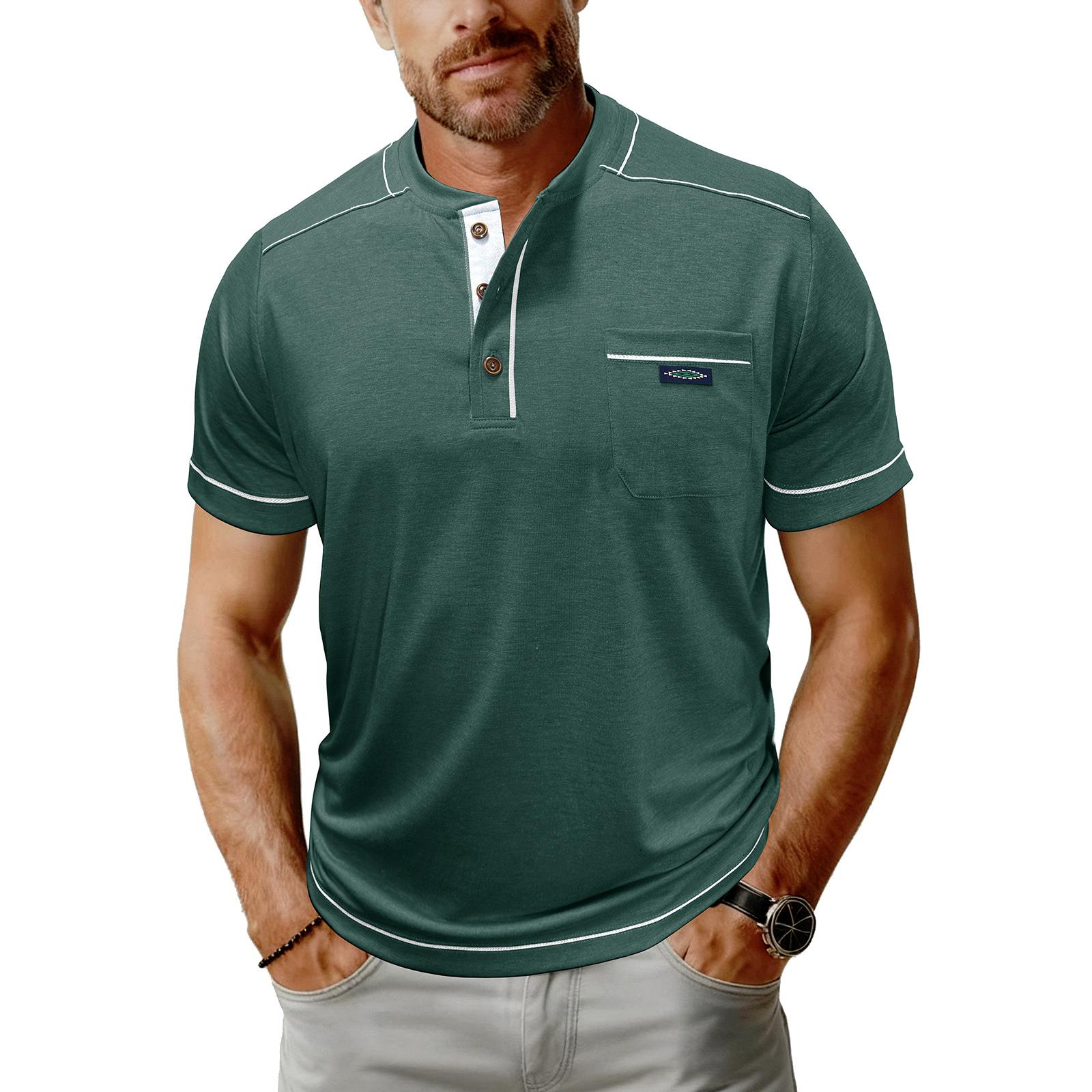 Men s Short-sleeved, Casual Button-down Round-neck Top With Loose, Ruffled Cuffs And Contrasting Colors M зелёный