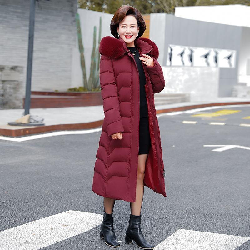 Winter Hooded Slim Down Cotton Jacket Solid Color Fur Collar Thick Parkas Coat Middle-aged Mother Warm Over-The-Knee Overcoat