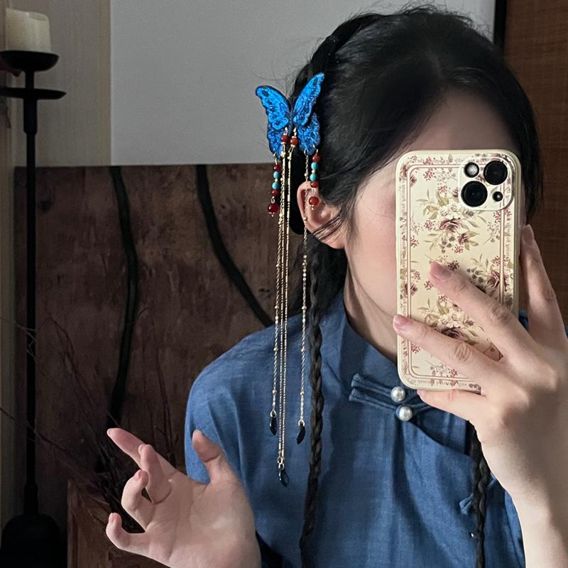 Chinese Style Embroidered Blue Butterfly Hairpin Pearl Tassel Hair Accessory Hanfu Hairpin Headwear Decoration