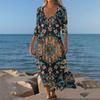 Dresses For Womens Vintage Print Tunic Waisted Midi Dress Summer Casual 3/4 Sleeve Dress