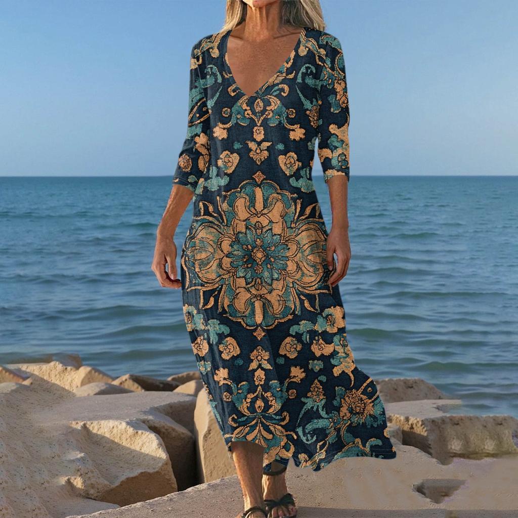 Dresses For Womens Vintage Print Tunic Waisted Midi Dress Summer Casual 3/4 Sleeve Dress