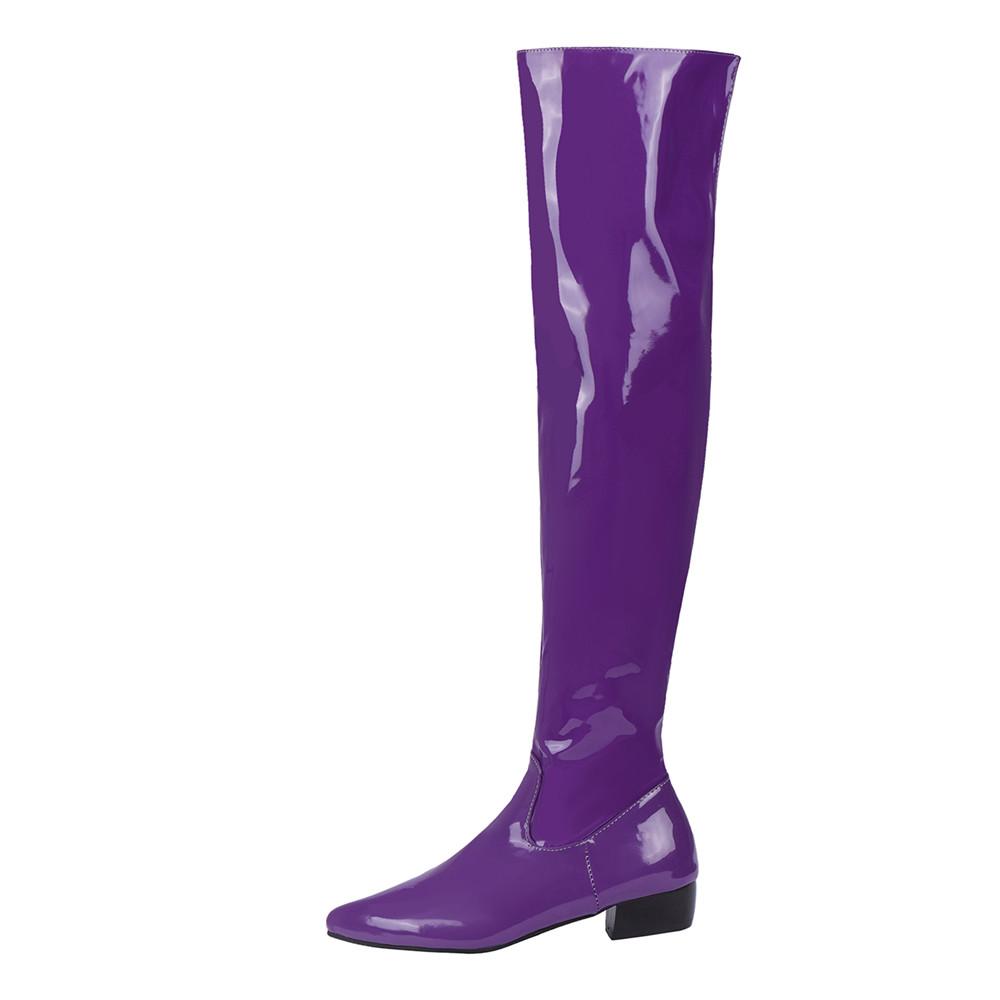 Women Candy Colour Over the Knee Boots Wide Calf Size 31~48 Chunky Low Heel Pointy Toe Patent Leather Comfortable Boot Zip Shoes