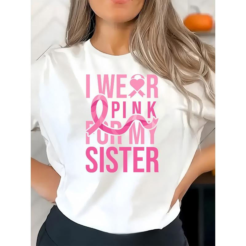 

Women s Pink Breast Cancer Awareness Letter Print Tee Crew Neck Short Sleeve Casual Top S белый