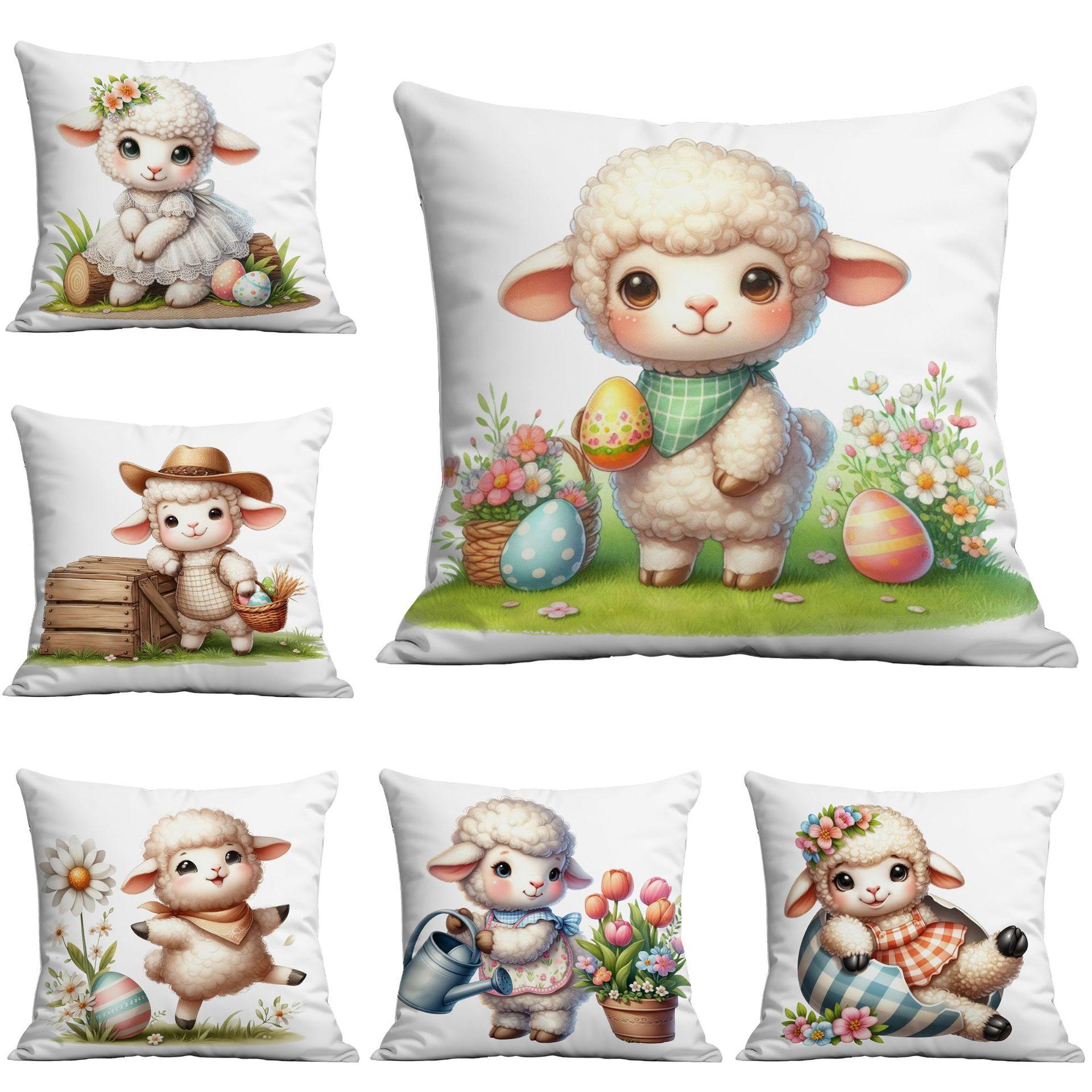 

New Easter Pillowcase Cute Lamb Spring Flowers and Easter Eggs Home Cushion Pillowcase 45 * 45Cm