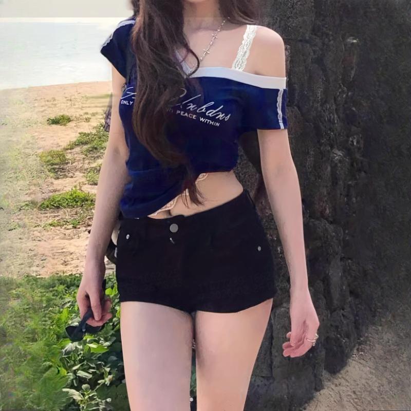 Evropské a americké horké dívky letní tričko s V-výstřihem, krajkovým patchworkem a zeštíhlujícím efektem na ramena