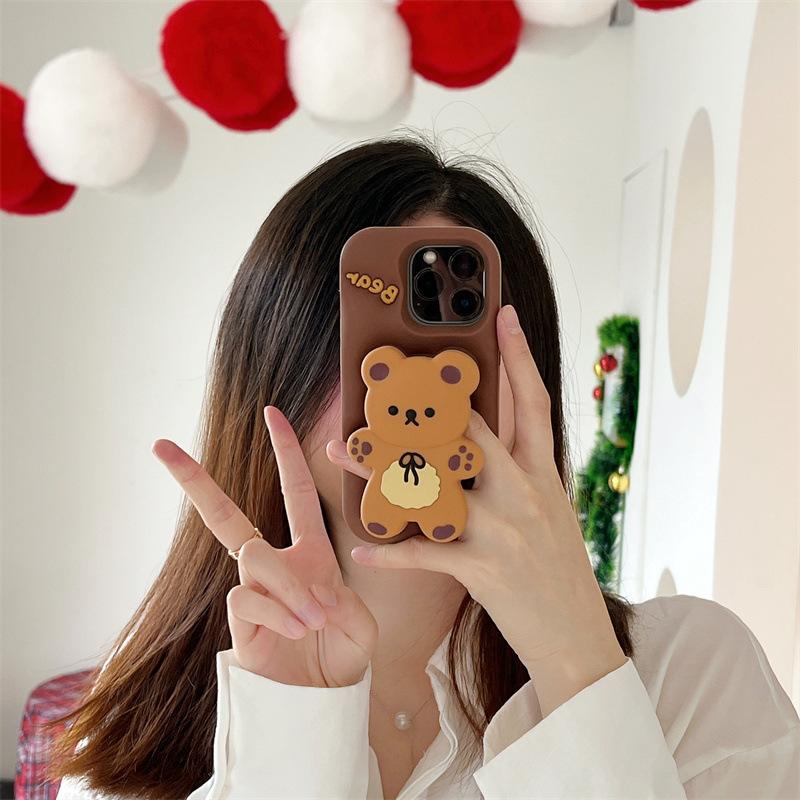 3D Cute Cartoon Bear Telescopic Bracket Silicone Phone Case For iPhone 17 16 15 14 13 12 11 Pro Max Shockproof Protective Cover