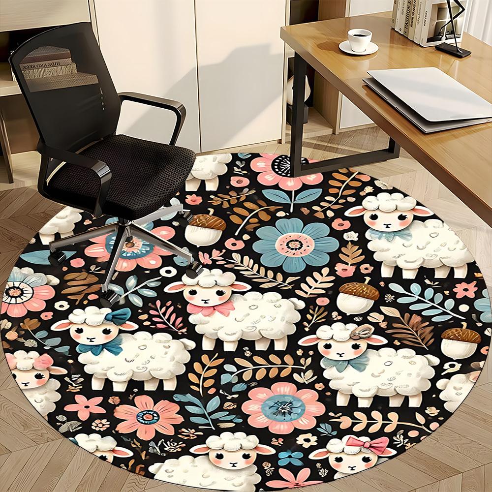 1PC Sheep Floral Office Round Area Rug, Mat Suitable For Office, Under Office Chairs Bedroom Living Room Home Decor, Room Deco