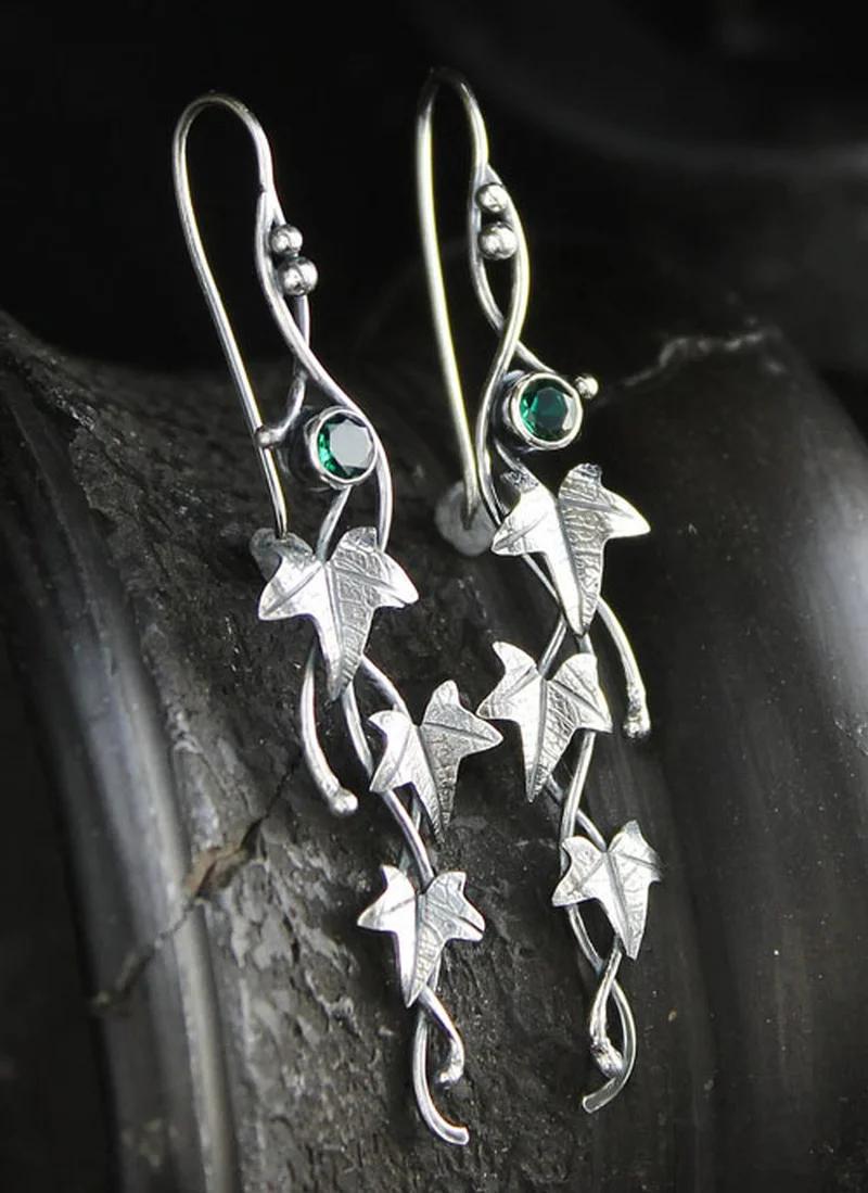 Ethnic Silver Color Metal Leaf Women s Earring Vintage Round Inlaid Green Zircon Long Personality Dangle Earrings Gift
