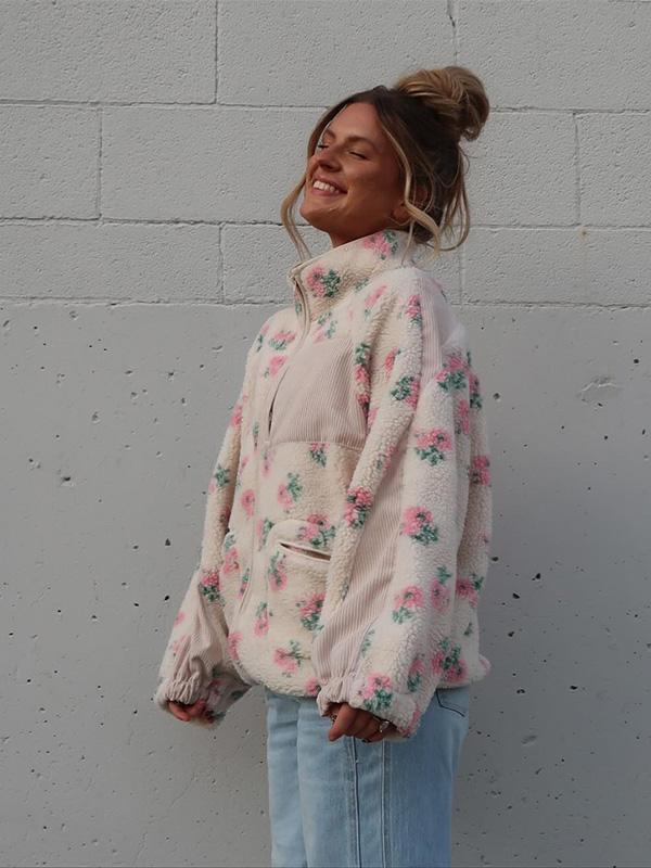 Autumn/Winter Stand Collar Shearling Print Jacket Versatile Oversized Casual Zip-Up Hoodie