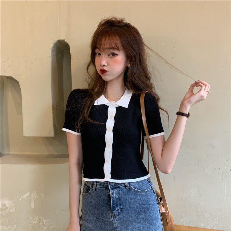 Summer Korean Version POLO Collar Slim Fit Contrasting Short Sleeved Knitted T-shirt Women's Versatile Short Top