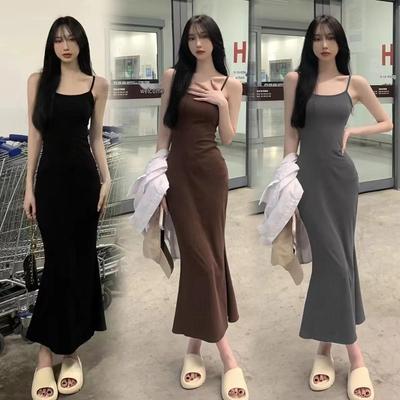 Women's Black Spaghetti Strap Bodycon Mermaid Midi Dress