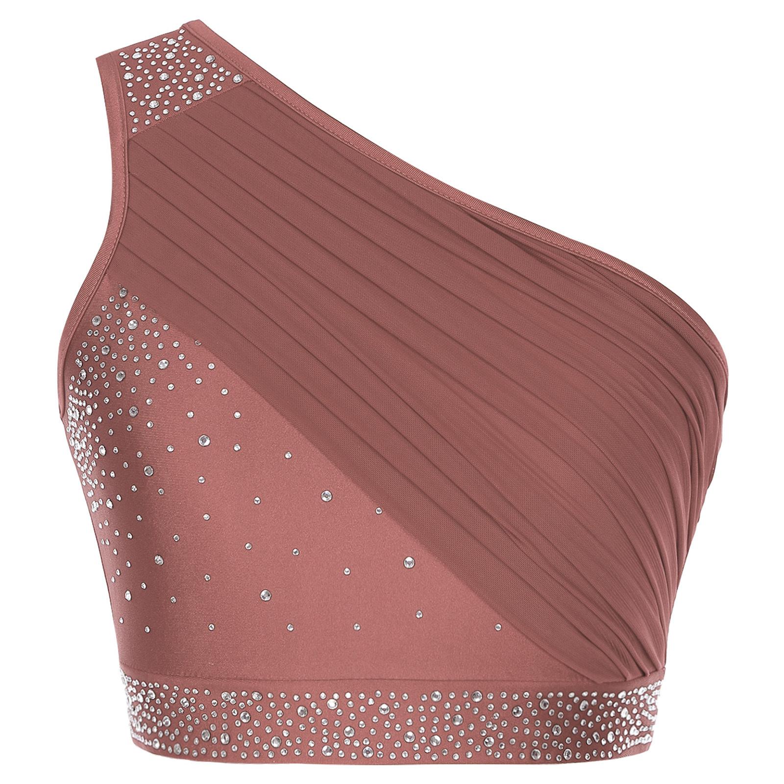 

Womens One Shoulder Lyrical Dance Top Ruched Mesh Overlay Design with Sparkling Rhinestones for Modern Dancewear S