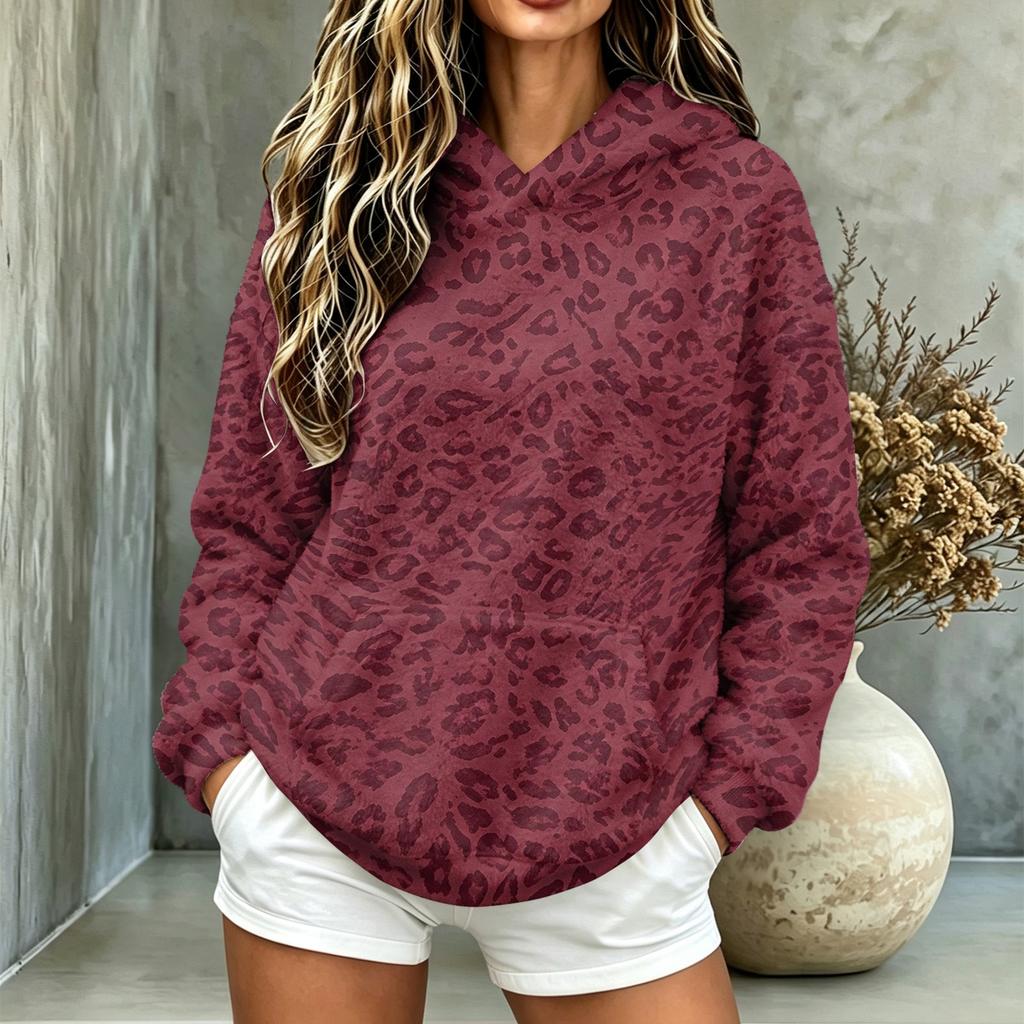 Top a manica lunga in flanella con cappuccio e tasche, stampato, casual da donna per autunno e inverno