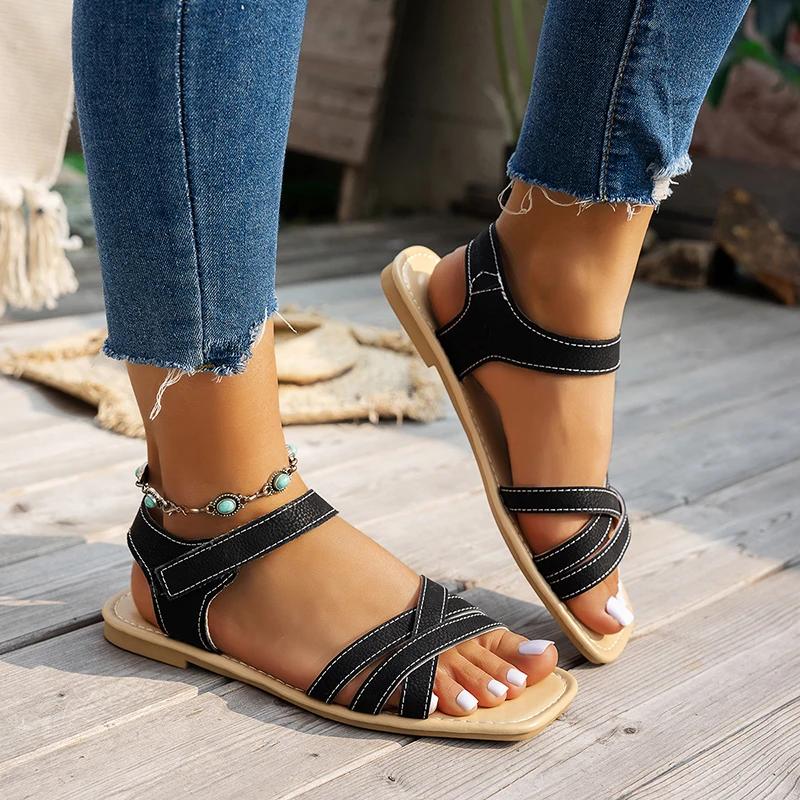 Fashion Summer Cross Strap Square Toe Sandals Women Casual Weightlight Flat Sandal Female 2025 Outdoor Beach Low Heel Sandalias Mujer
