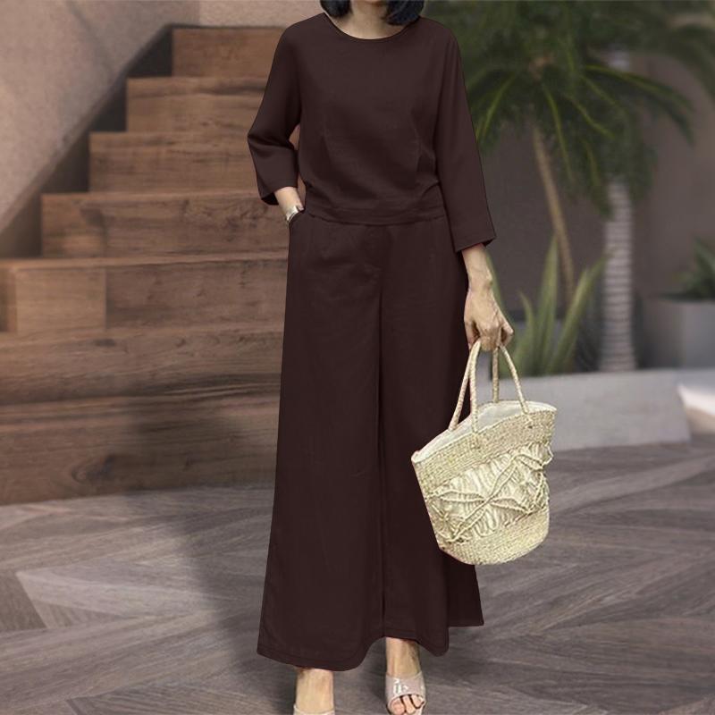 

ZANZEA Женские повседневные комплекты из блузки и брюк с рукавом 3/4 из двух предметов 5XL светло-коричневого