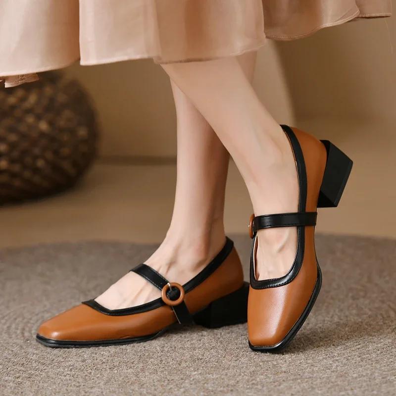 French Vintage Pumps Elegant Square Head Thick Low  Heel Mary Jane Shoes Women's New Belt Buckle Single Loafers Tacones Mujer