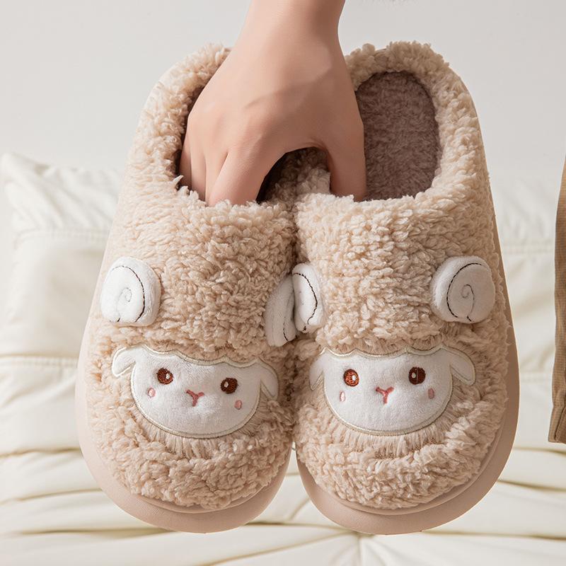 Cute lamb cartoon cotton slippers women's autumn and winter home indoor velvet warm thick bottom non-slip fluffy slippers