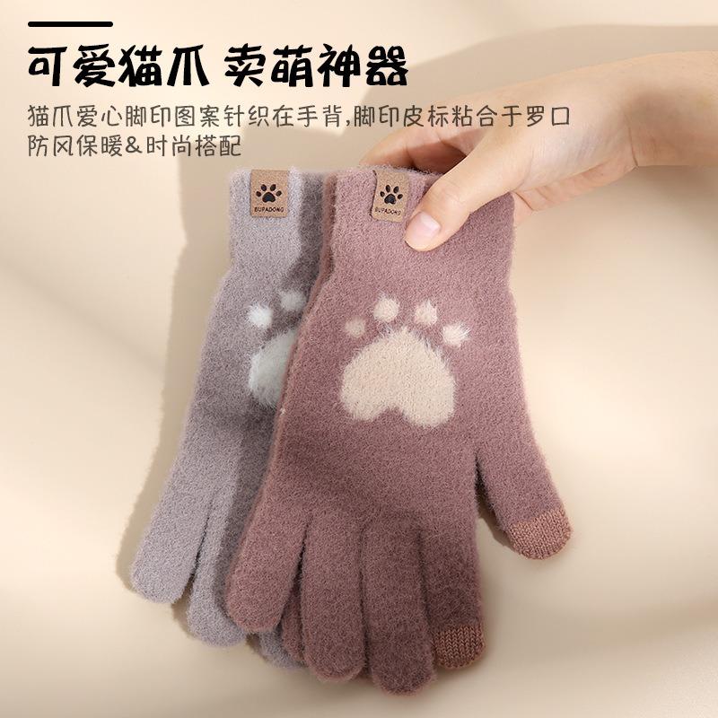 Women's autumn and winter plush knitted gloves warm and cold-proof plush imitation mink cartoon cute touch screen fashion