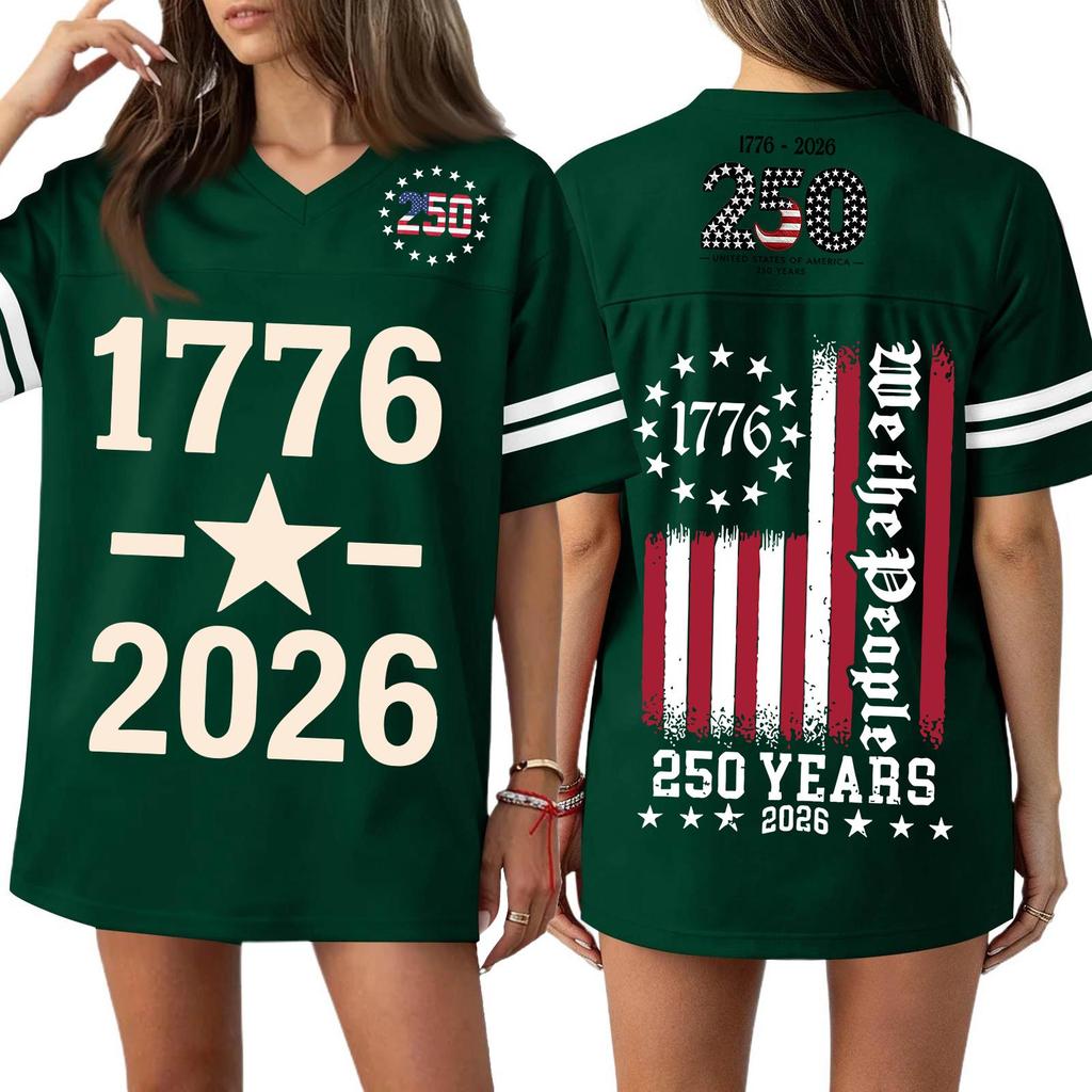 Women V Neck Casual Loose Fit Sports Jersey Top with 250th Anniversary Print Short Sleeve Independence Day Shirt