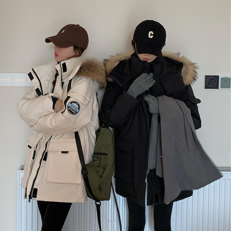 True Fur Collar, Workwear Down Cotton Jacket, Women, Winter, Thick, High-end Cotton Jacket, Medium Length, Warm Jacket