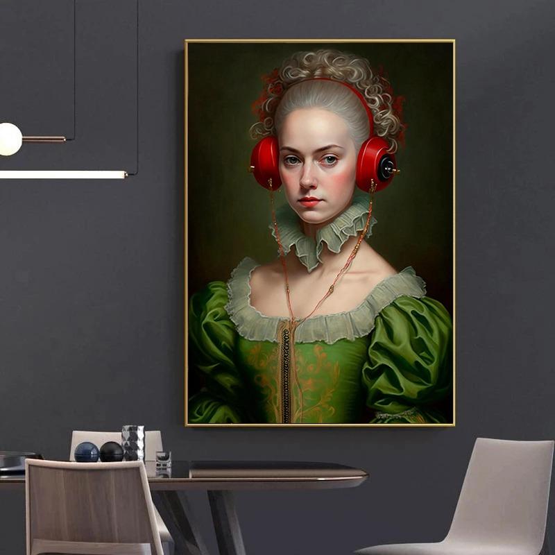 Neo Renaissance Funny Portrait Poster Girl Wearing Headphones Art  Retro Canvas Painting Prints Wall Bedroom Home Decoration